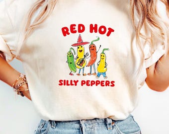 Maglietta Red Hot Silly Peppers, divertente maglietta retrò con band vintage, meme musicale, grafica, parodia rock, idea regalo unisex