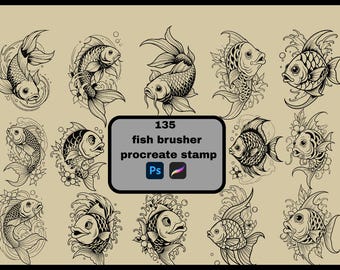 May include: A collection of 135 fish brush stamps for Procreate, displayed in black and white. The fish designs vary, some with floral and wave accents. The text on the image reads "135 fish brusher procreate stamp".