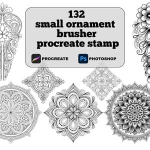 May include: A collection of 132 small ornament brushes for Procreate and Photoshop. The image displays various black and white ornamental designs, including floral and geometric patterns, and the text "132 small ornament brusher procreate stamp".