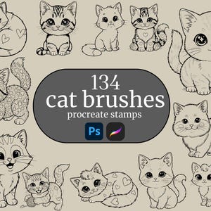 Cute Cat Procreate Stamps | 134 Kawaii Kitty Brushes | Line Art Tattoo Style | Digital Download