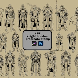 Puede incluir: Ilustración digital con 135 sellos de pincel de caballero. Los caballeros están representados en varias poses, vistiendo armaduras detalladas y empuñando espadas, lanzas y escudos. La imagen incluye el texto "135 knight brusher procreate stamp" con los logotipos de Procreate y Photoshop.