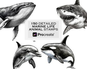 150 Marine Life Procreate Stamp Brushes | Ocean Animal Stamps | Underwater Tattoo Stencil Set | Shark, Whale, Clownfish & More