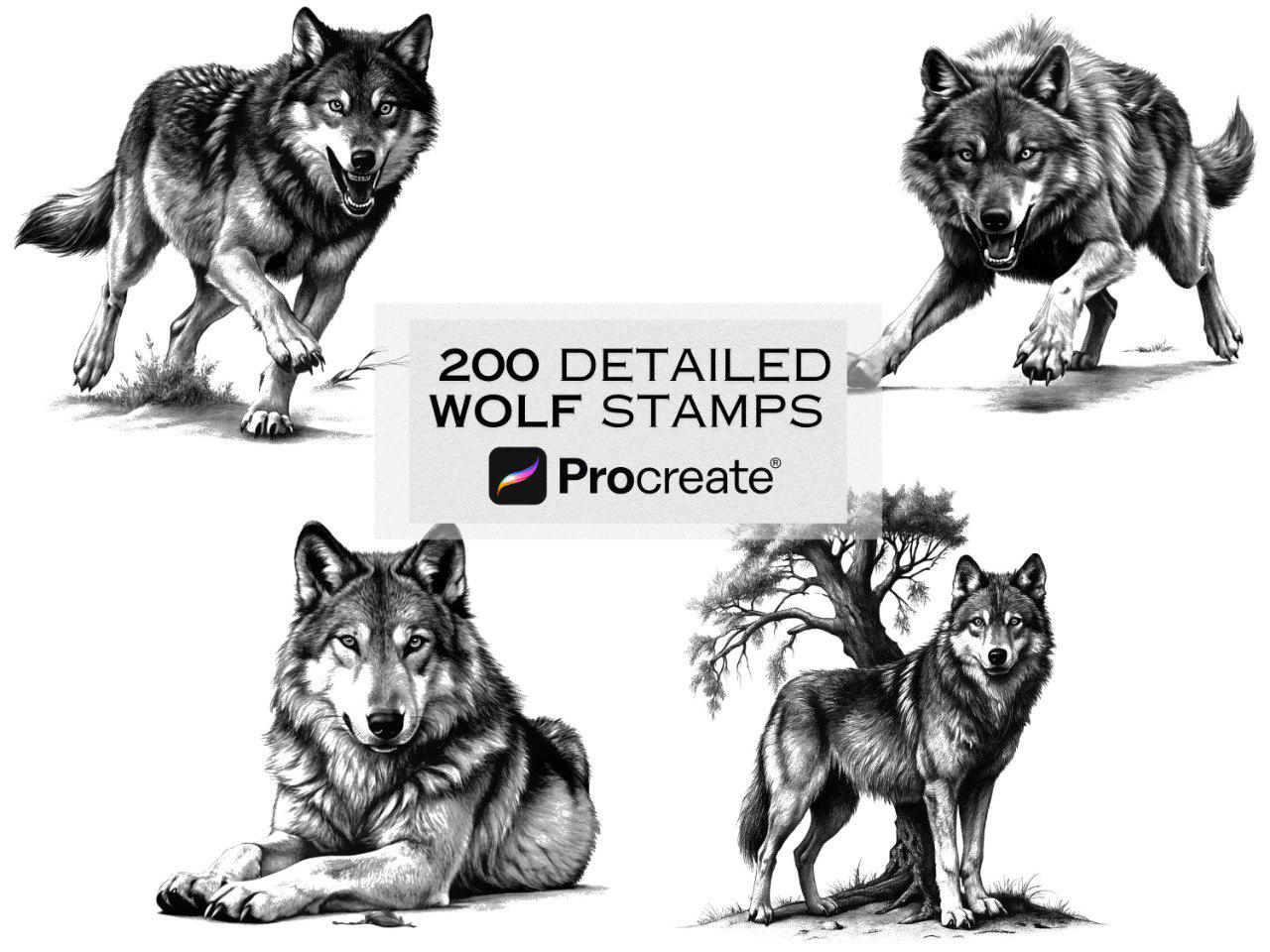 200 Wolf Procreate Stamp Brushes | Wildlife & Forest Animal Stamps | Microrealism Tattoo Reference