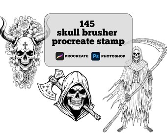 145 Procreate Skull-stempelborstels | Gothic Dark Art Sketch-tekenset voor iPad