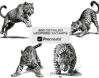 200 Leopard & Wildlife Procreate-stempelborstels: tatoeagereferentie (digitale download)