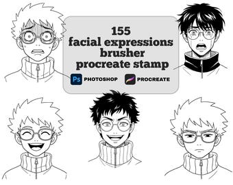 155 Procreate Facial Expressions Stempelborstelset – Cartoon- en manga-emotieborstels