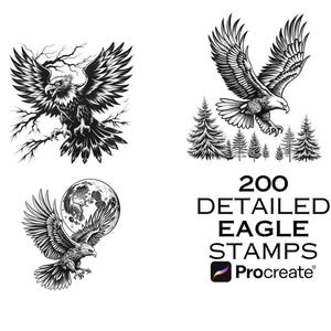 May include: A set of 200 detailed eagle stamps for Procreate, featuring black and white illustrations of eagles in various poses. The stamps include eagles in flight, perched on branches, and with their wings spread.