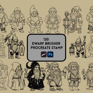 Puede incluir: Ilustraciones en blanco y negro de varios enanos en diferentes poses y atuendos. La imagen incluye el texto "130 Dwarf Brusher Procreate Stamp" con los logotipos de Procreate y Photoshop. Los enanos tienen largas barbas y llevan sombreros y linternas.