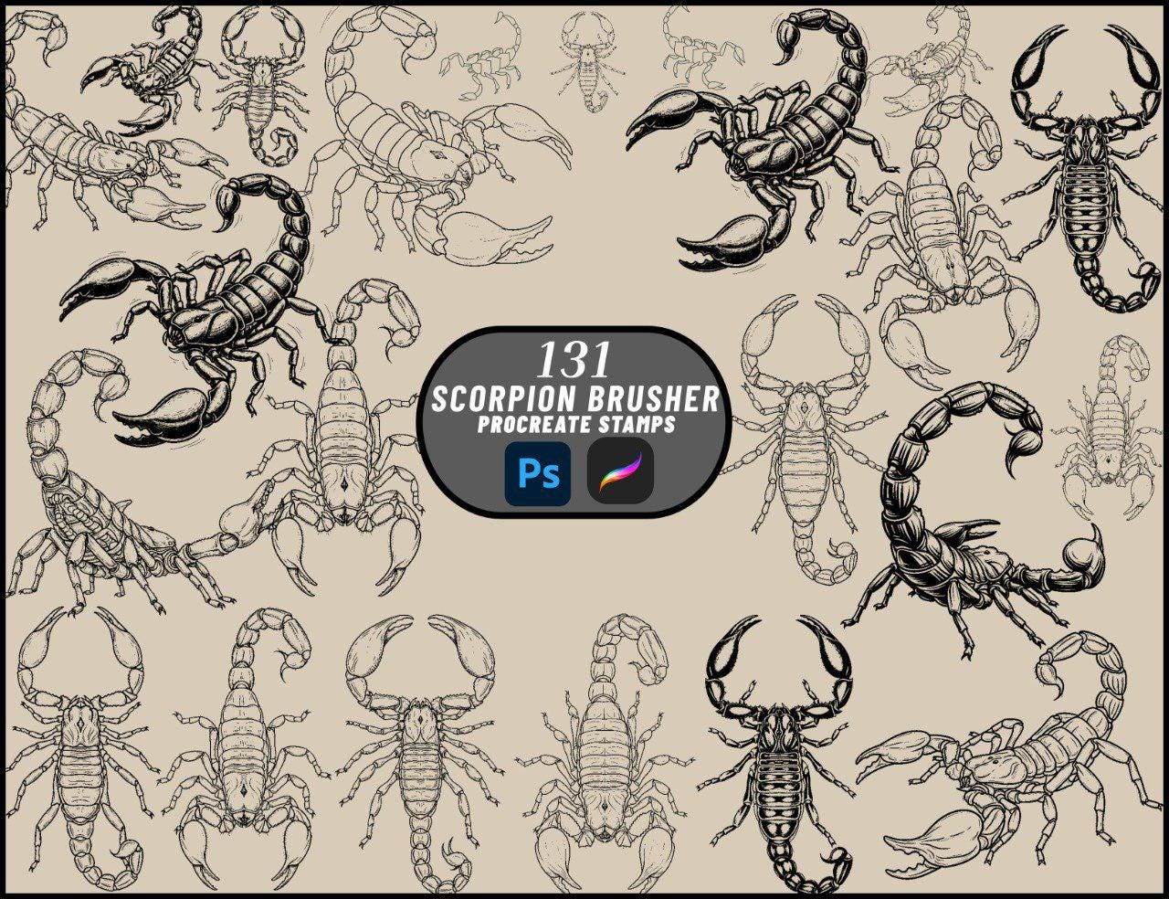 130 pinceles de Procreate de escorpión – Sellos de tatuaje realistas y tribales para iPad, signo Escorpio y diseño de Halloween