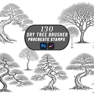 May include: A collection of black and white illustrations of dry trees in various shapes and styles. The image includes a central oval graphic with the text "130 DRY TREE BRUSHER PROCREATE STAMPS".