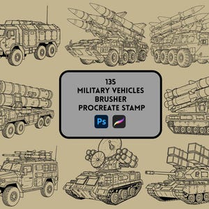 135 Procreate Military Vehicle Stamp Brushes | Army Truck Tank Jet Brush Set | War Machine Procreate Brush | Tactical Vehicle Stamps | Digit