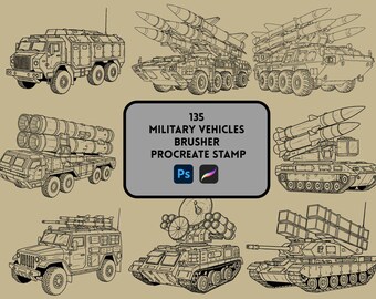 Procreate stempelborstelset militair voertuig: 135 leger-, tank- en jetborstels (digitale download)
