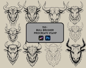 156 Procreate Bull-stempelborstels: tatoeage, tribal, rodeo (digitale download)