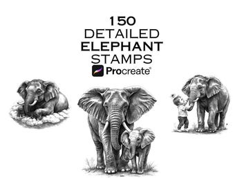 150 Elephant Procreate Stamp Brushes | Wildlife & Baby Elephant Stamps | Microrealism Tattoo Reference