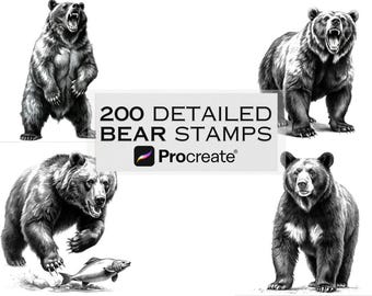200 Bear and Wildlife Procreate Stamp Brushes | Forest Animal Stamps | Tattoo Reference & Microrealism Set