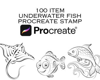 May include: Black and white line art illustrations of various underwater fish, including a stingray, a fish with large eyes, and a fish with fins. The text "100 ITEM UNDERWATER FISH PROCREATE STAMP" and the Procreate app logo are also visible.