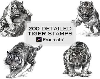 200 Tiger Procreate Stamp Brushes | Wildlife Animal Stamps | Forest Life Tattoo Reference Set | Microrealism Art