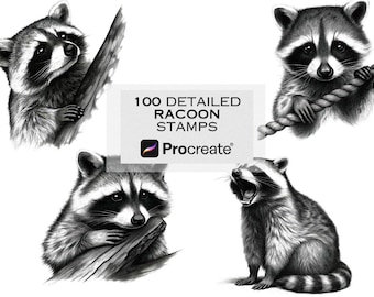 100+ Raccoon Procreate Stamp Brushes | Wildlife Animal Stamps | Forest Life Tattoo Reference Set | Microrealism Art