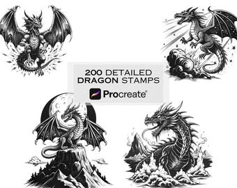 May include: A set of 200 detailed dragon stamps for Procreate. The stamps feature various dragon designs in black and white, including dragons with wings, horns, and scales. The stamps are perfect for adding a touch of fantasy to your digital art.