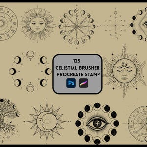 May include: A selection of black and white celestial-themed digital stamps. The designs include suns, moons, zodiac symbols, and a tree of life. The image also features the text "125 CELESTIAL BRUSHER PROCREATE STAMP".