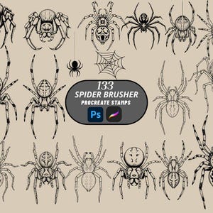 May include: A collection of black and white spider illustrations in various poses. The image includes a graphic with the text "133 SPIDER BRUSHER PROCREATE STAMPS" and the Photoshop and Procreate app logos. The spiders are detailed and artistic.