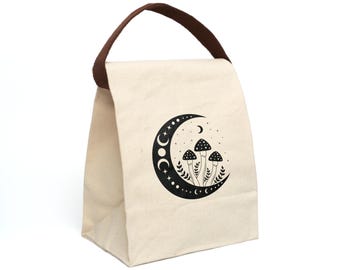 Moon Phase Canvas Lunch Bag with Strap, Eco-Friendly Tote, Boho Snack Bag, Mushroom Design, Picnic Gift, School Lunch Holder