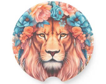 Floral Lion Ceramic Car Coaster, Cute Vehicle Accessory, Car Decor, Gift for Him/Her, Boho Home Decor, Unique Gift Idea