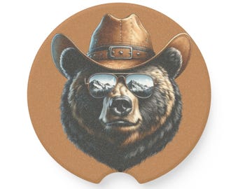 Western Bear Car Coaster, Farmhouse Decor, Car Accessories, Gifts for Him, Nature Lover Gift, Cowboy Style Coasters