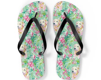 Tropische Blumen-Flip-Flops, stilvolle Sommersandalen, Bademode, Urlaubsschuhe, Hunde-Liebhaber-Geschenke, lustige Folien am Pool