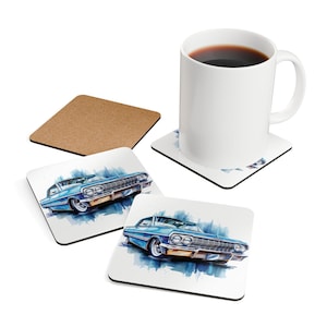Vintage Car Cork Coaster Set | Retro Drink Coasters, Car Enthusiast Gift, Home Bar Decor, Unique Housewarming Gift, Matted Coasters