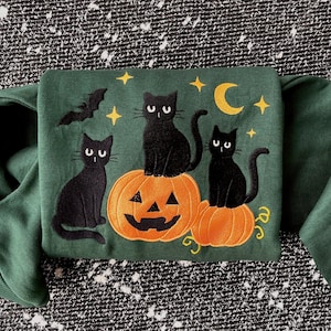 Embroidered Black Cat Pumpkin Sweatshirt, Cute Halloween Crewneck, Spooky Autumn Hoodie,Ghost Bat Cat Lover Gift,Fall Cozy Shirt,Cozy Season
