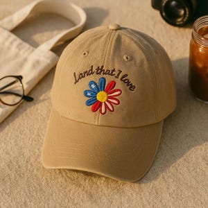 Floral USA Hat Embroidered, Retro “Land That I Love” Cap, Boho 4th of July Hat, Patriotic Summer Baseball Hat, American Flag Gift