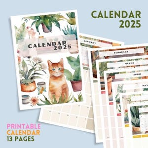 2025 Calendar PRINTABLE 2025 Monthly Planner boho portrait Calendar Monday Start 2025 A4 Letter Size Wall Calendar cat lover plant lover