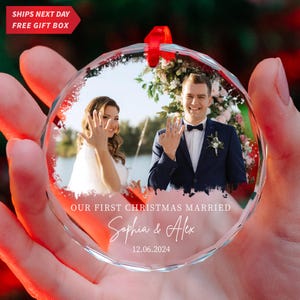 Personalized &quot;Our First Christmas Married&quot; Wedding Photo Ornament - 2024 Newlywed Couple Gift - Christmas Tree Ornament for Husband and Wife