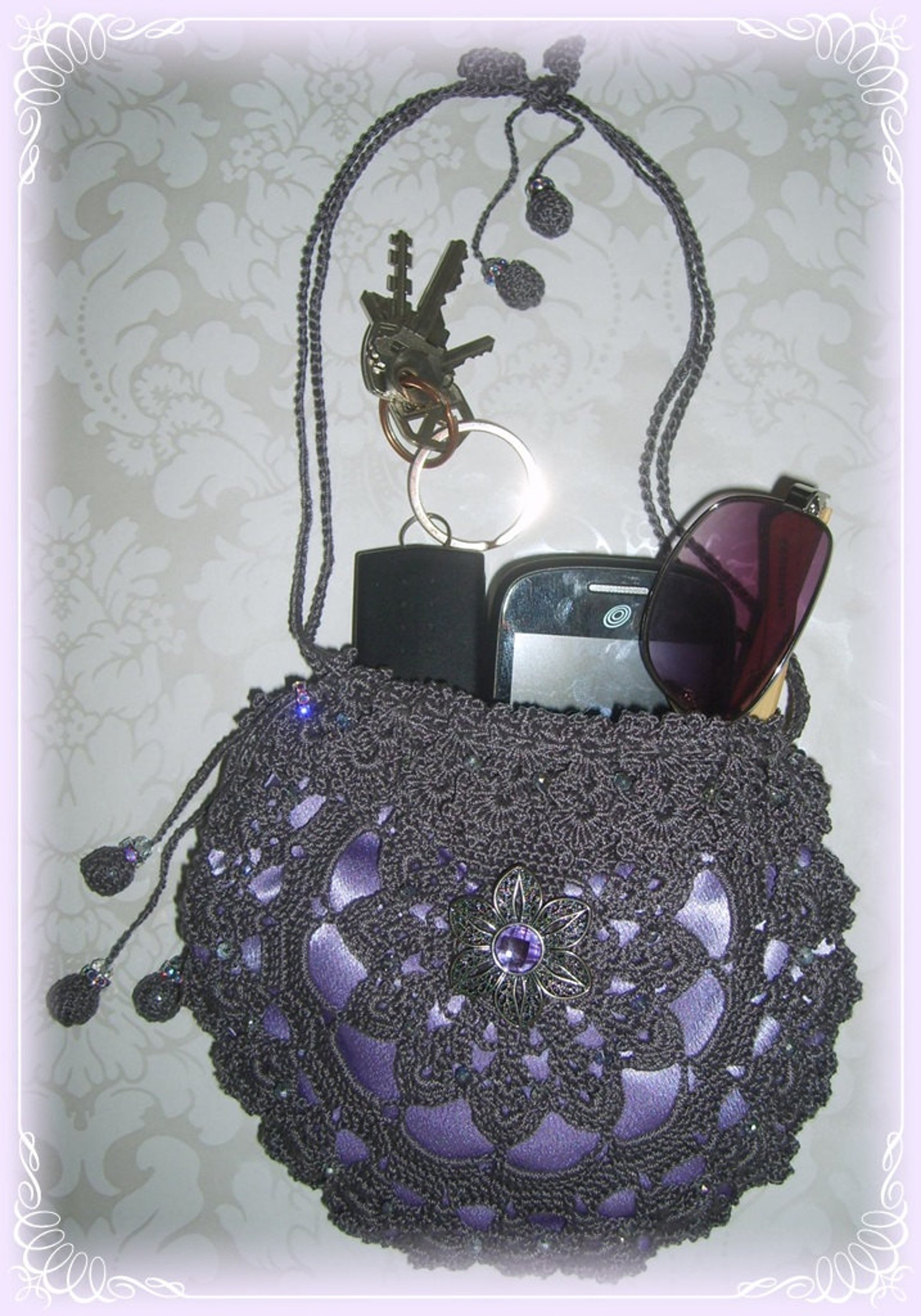 Silk Crochet Evening Bag Clutch Purse Pewter 46 With Violet Etsy Denmark