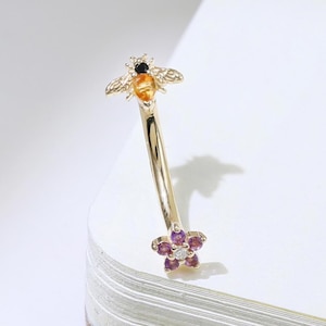 14K Solid Gold Bee & Flower Rook Earring Natural Gemstone Eyebrow Ring Citrine, Amethyst, Moissanite, Black Spinel Curved Barbell Piercing