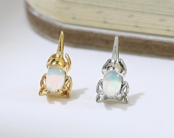 Opal Beetle Push Back Stud Earring 925 Silver Oval Cabochon Threadless Push Pin Jewelry Cartilage Helix Lobe Piercing Gift for Animal Lover