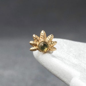 14K Solid Gold Moss Agate Blooming Flower Stud Earring Fancy Round Gemstone Cartilage Helix Conch Labret Stud Minimalist Push Back Earring