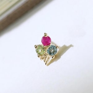 Solid 14K Gold Ice Cream Earring Ruby Swiss Blue Topaz Peridot Earring Gemstone Cartilage Helix Conch Push Flat Back Stud Summer Day Jewelry