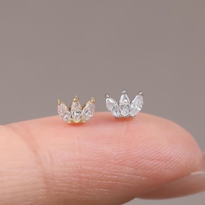 Triple Leaf Sparkling Gemstone Earring Crown Shape Stud Cartilage Earring Helix Stud Labret Push In Back Earring Silver Piercing Jewelry