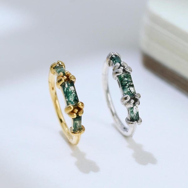 Brinco Clicker em Prata de Lei com Ágata Musgosa em Formato de Baguete, Argola Articulada Sem Costura, Banhado a Ouro, para Piercing na Cartilagem, Hélix, Lóbulo e Concha.