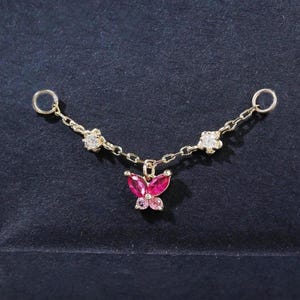 14K Solid Gold Butterfly Ruby Chain Attachment Dangle Ear Jacket Chain Gemstone Charm Chain for Cartilage Helix Conch Nostril Piercing
