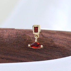 Solid 14K Gold Garnet Drop Stud Earring Geometric Gemstone Dangle Cartilage Helix Labret Stud Push Back Earring Minimalist Piercing Jewelry