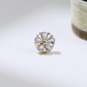14K Solid Gold Labradorite Flower Stud Earring Five Petal Gemstone Threadless Push Pin Dainty Nature-Inspired Cartilage Helix Lobe Piercing