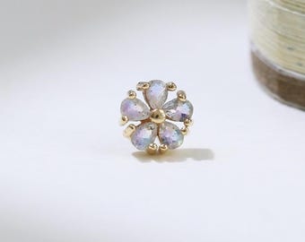Pendiente de botón con flor de labradorita en oro macizo de 14 quilates, piedra preciosa de cinco pétalos, sin rosca, con pasador, delicado piercing de cartílago, hélice y lóbulo inspirado en la naturaleza.
