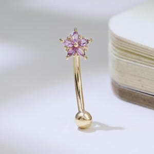 14K Solid Gold Amethyst Flower Rook Earring Floral Gemstone Eyebrow Ring Curved Barbell Belly Ring Navel Ring Piercing Gift for Her 16g
