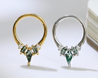 Moss Agate Kite Shape Clicker Hoop Spiked Moissanite Nose Ring 925 Silver Gemstone Cartilage Helix Daith Hoop Earring Septum Ring 8.5mm