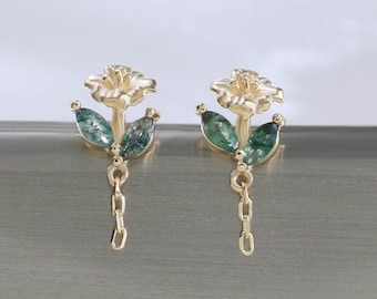 14k Solid Gold Moss Agate Flower Dangle Chain Earring Leaf Shape Gemstone Push Flat Back Stud Rose Cartilage Helix Tragus Lobe Piercing