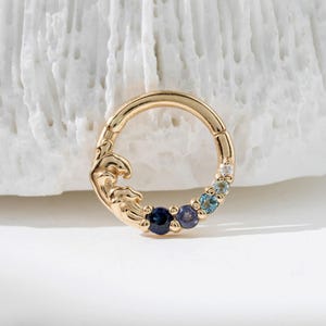 Solid 14K Gold Ocean Wave Blue Sapphire Hoop Earring Iolite Septum Ring Blue Topaz Nose Ring Moissanite Cartilage Daith Earring 7.5mm