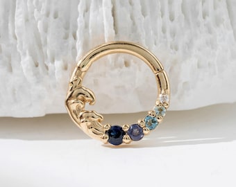 Solid 14K Gold Ocean Wave Blue Sapphire Hoop Earring Iolite Septum Ring Blue Topaz Nose Ring Moissanite Cartilage Daith Earring 7.5mm
